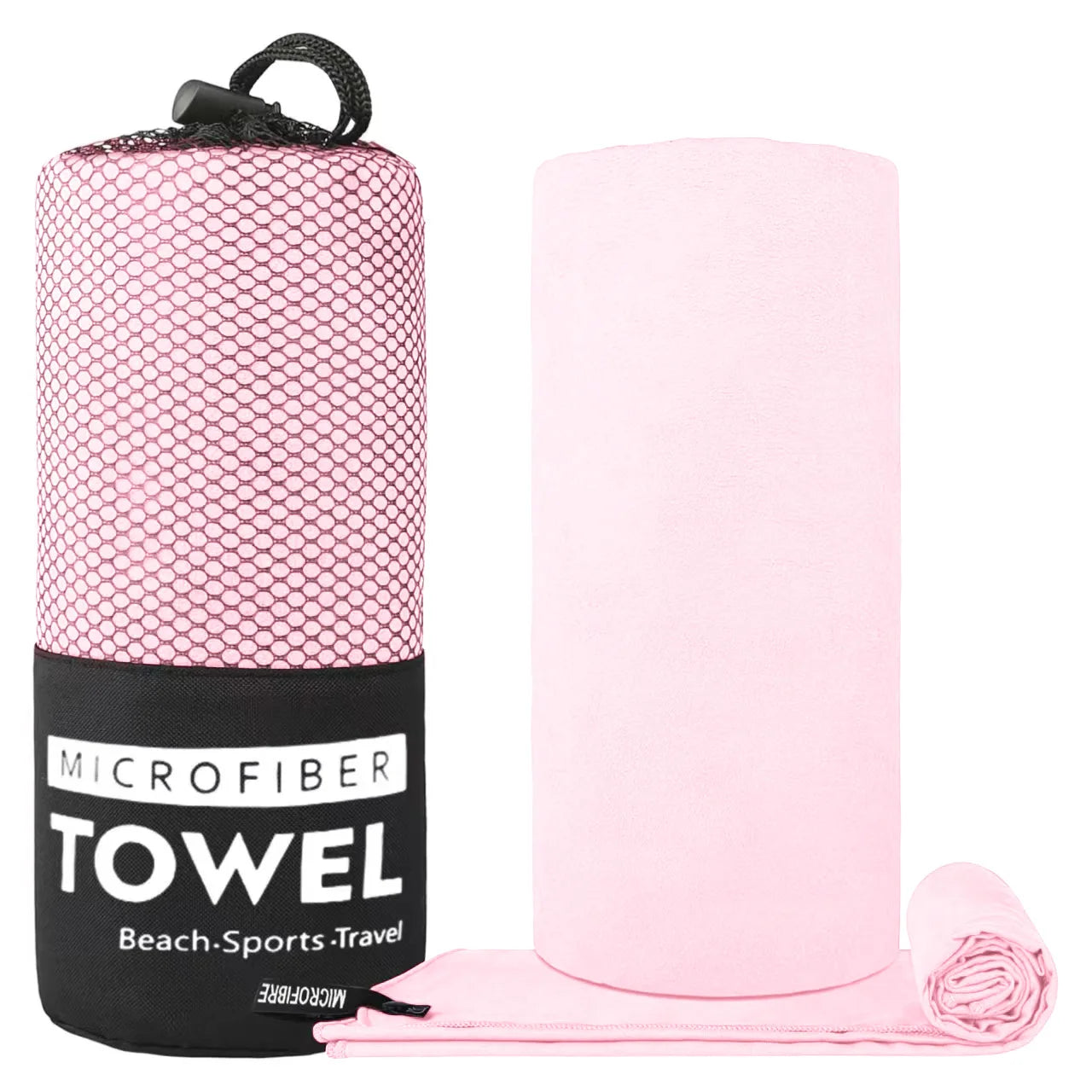 A light pink microfibre towel and its black mesh drawstring carry case labelled "Microfibre Towel".
