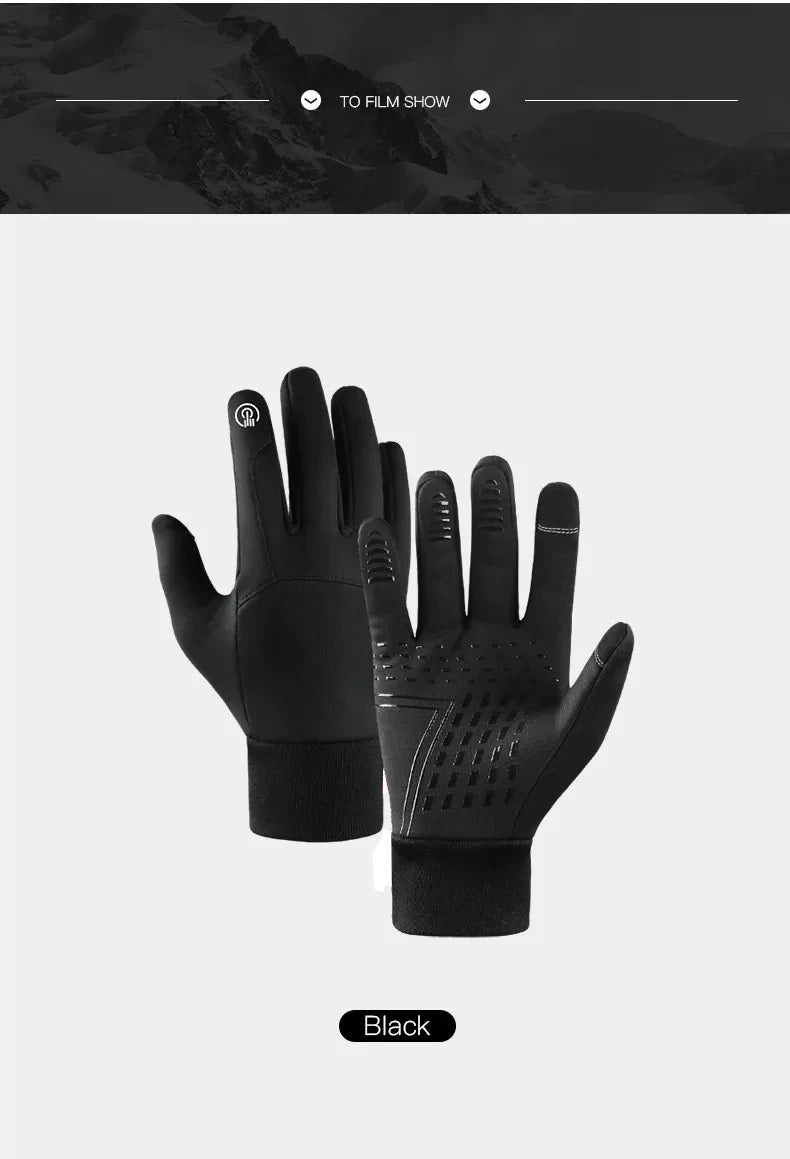 A pair of black, touchscreen-compatible winter gloves with textured grip patterns and a ribbed cuff.
