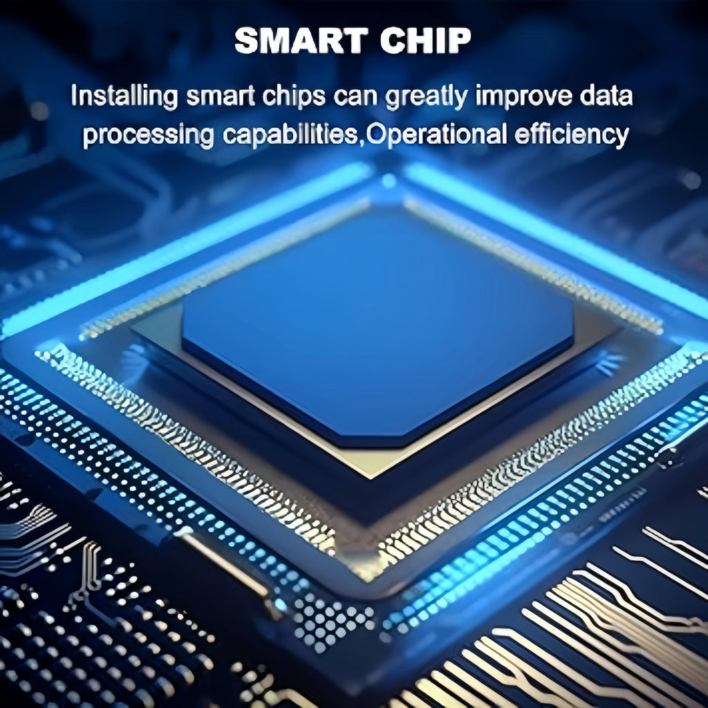 Close-up of a blue glowing electronic smart chip on a circuit board, highlighting high-speed data processing.