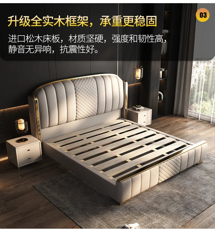 Minimalist cream-coloured bed frame with gold trim, tufted headboard, and wooden slats in a modern bedroom setting.