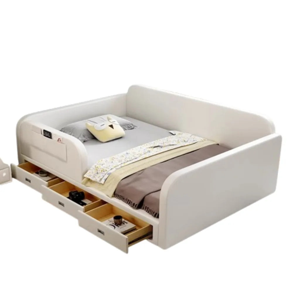 Modern white upholstered storage bed with three side drawers and integrated side pocket, set against a white background.