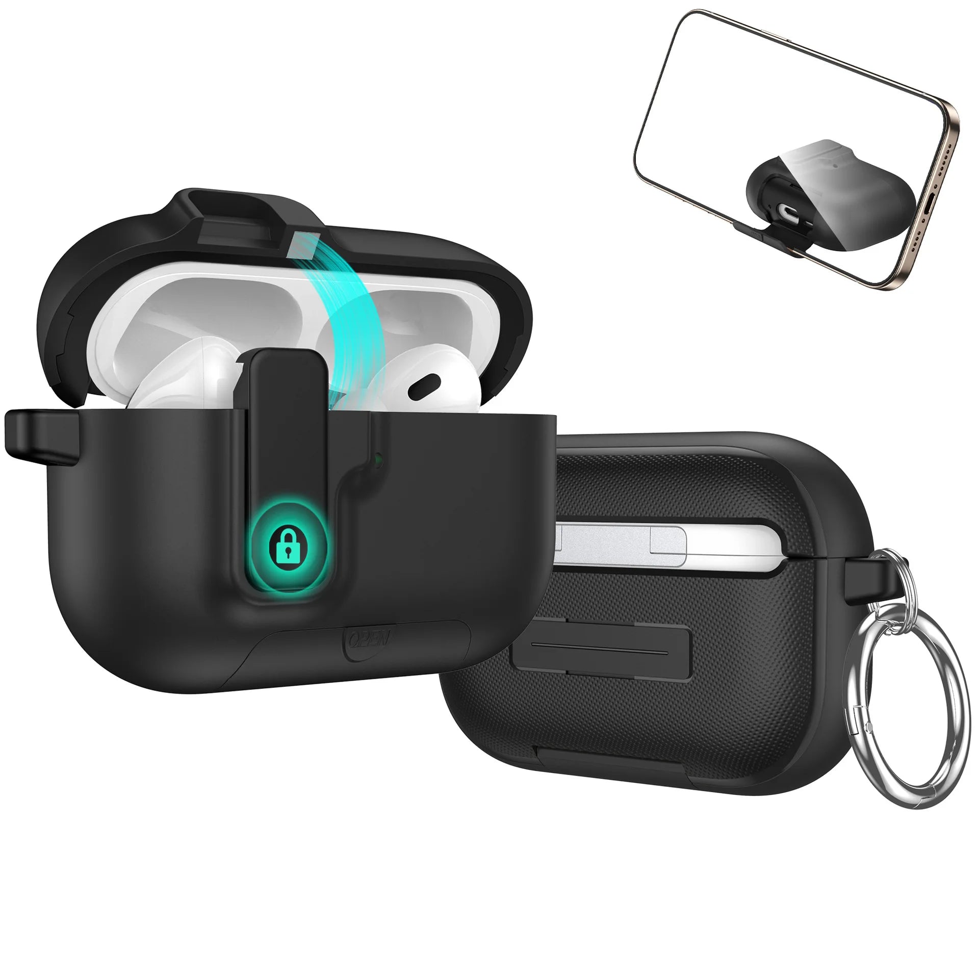 Black shockproof silicone locking case for AirPods Pro, featuring a secure latch and metal carabiner.