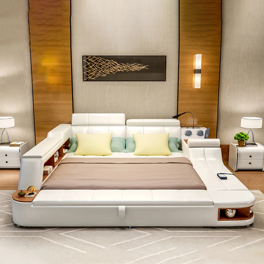 White luxury leather bed frame with integrated side shelving, storage, and ambient LED lighting in a modern bedroom.