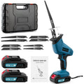 Blue and black 21V electric reciprocating saw with 8 blades, 2 batteries, charger, and carrying case.