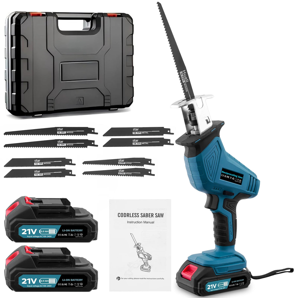 Blue and black 21V electric reciprocating saw with 8 blades, 2 batteries, charger, and carrying case.