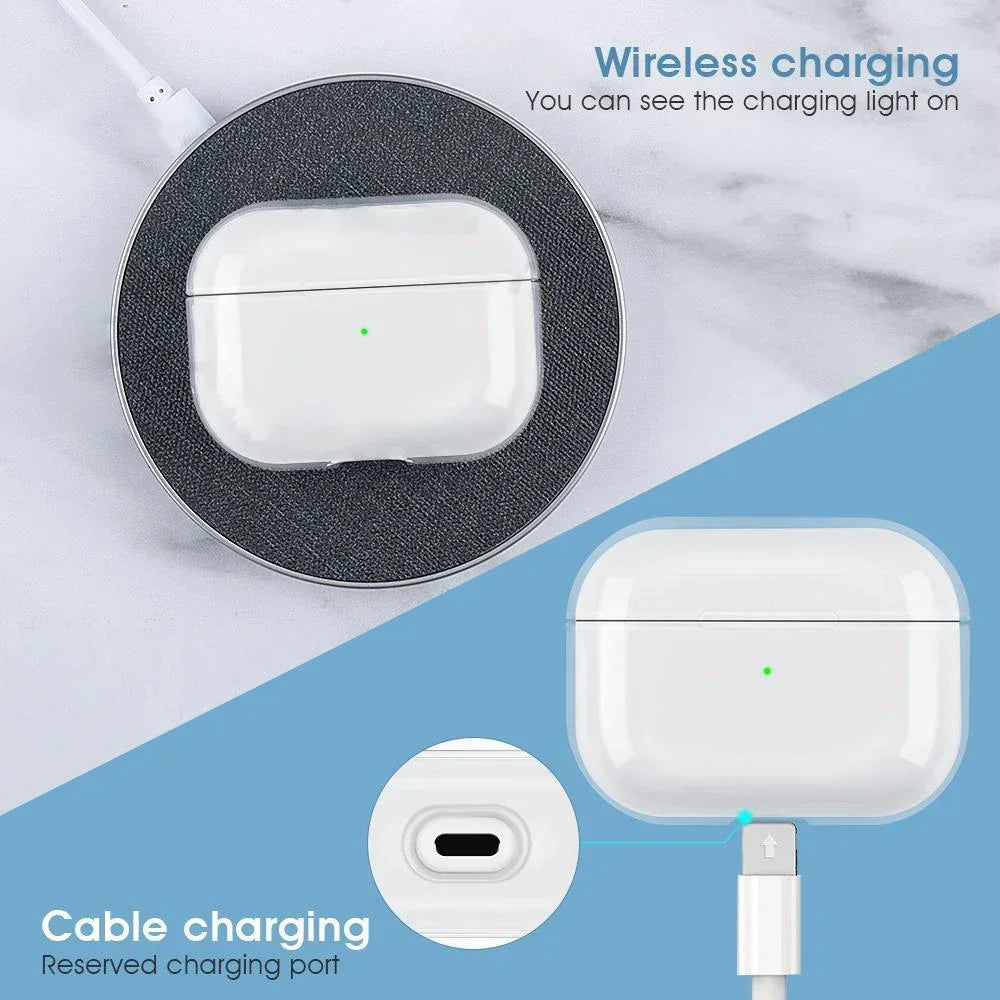 Clear protective case for AirPods Pro on a wireless charging pad, showing both wireless and cable charging options.