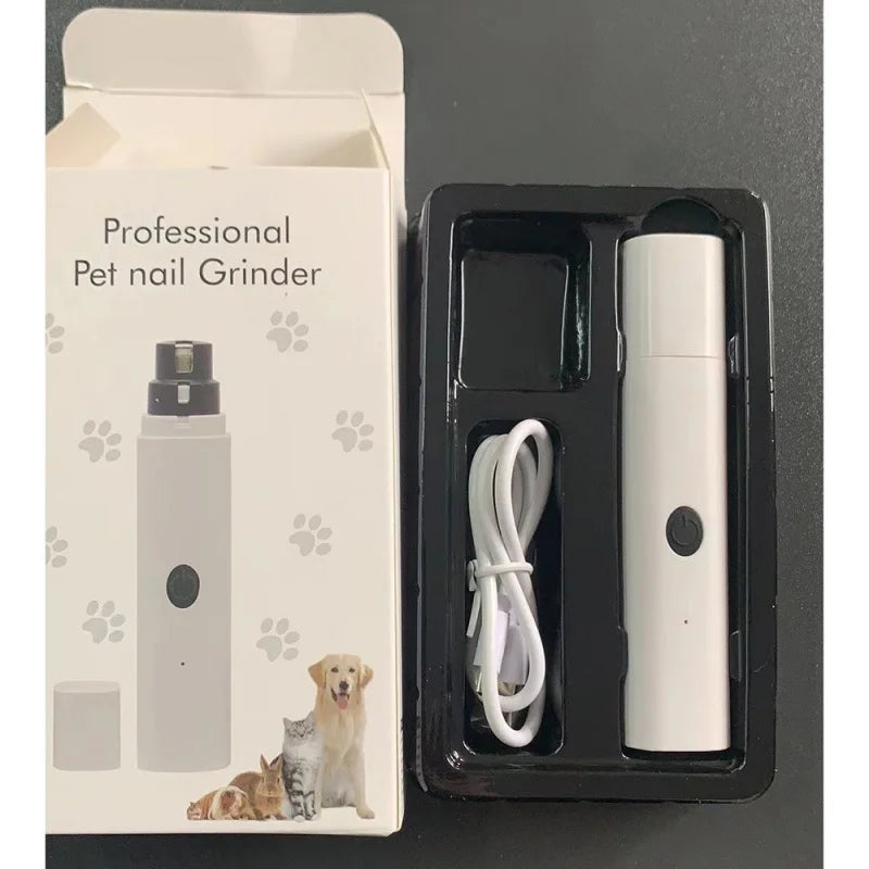 White electric pet nail grinder with LED light, USB charging cable, and illustrated product box.