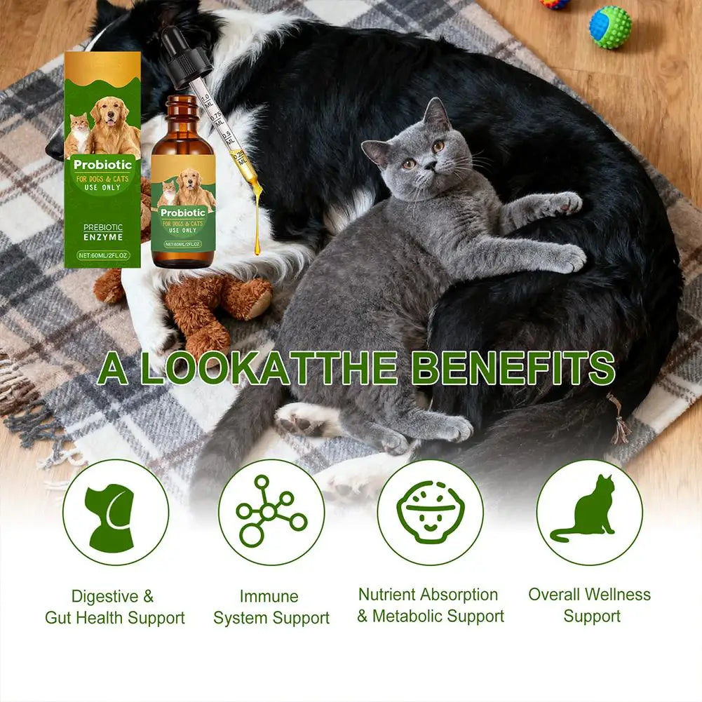 Probiotic liquid supplement for dogs and cats in a brown glass dropper bottle with gut and wellness support benefits.