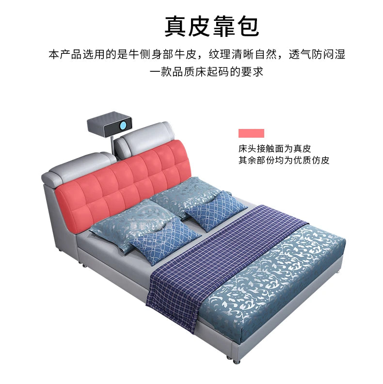 Modern grey double bed featuring a vibrant pink, tufted padded headboard and a built-in overhead projector mount.
