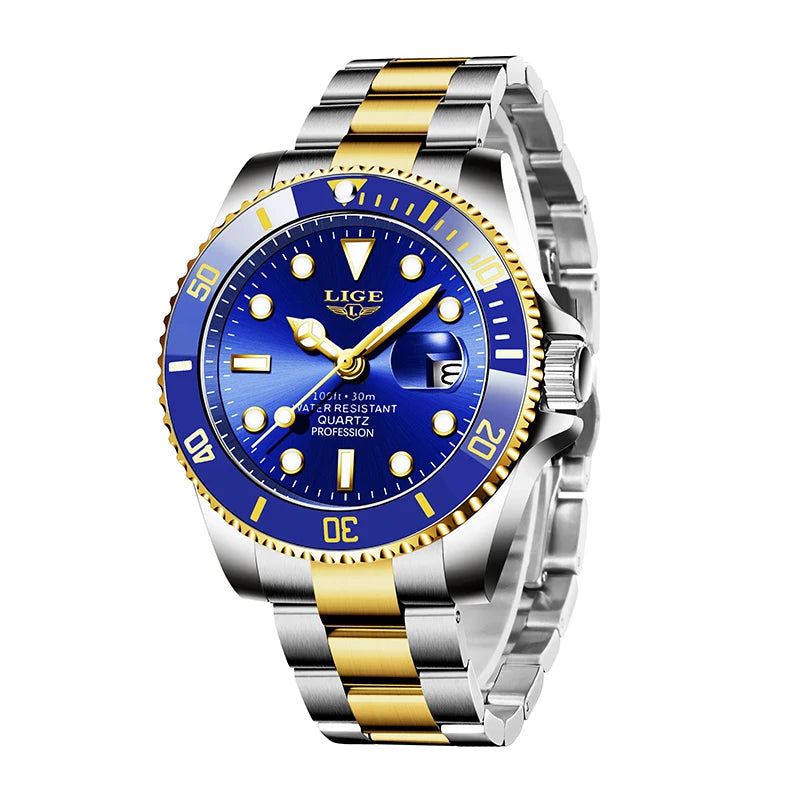 Men's stainless steel quartz watch with a blue dial, gold and silver bracelet, and rotating bezel.