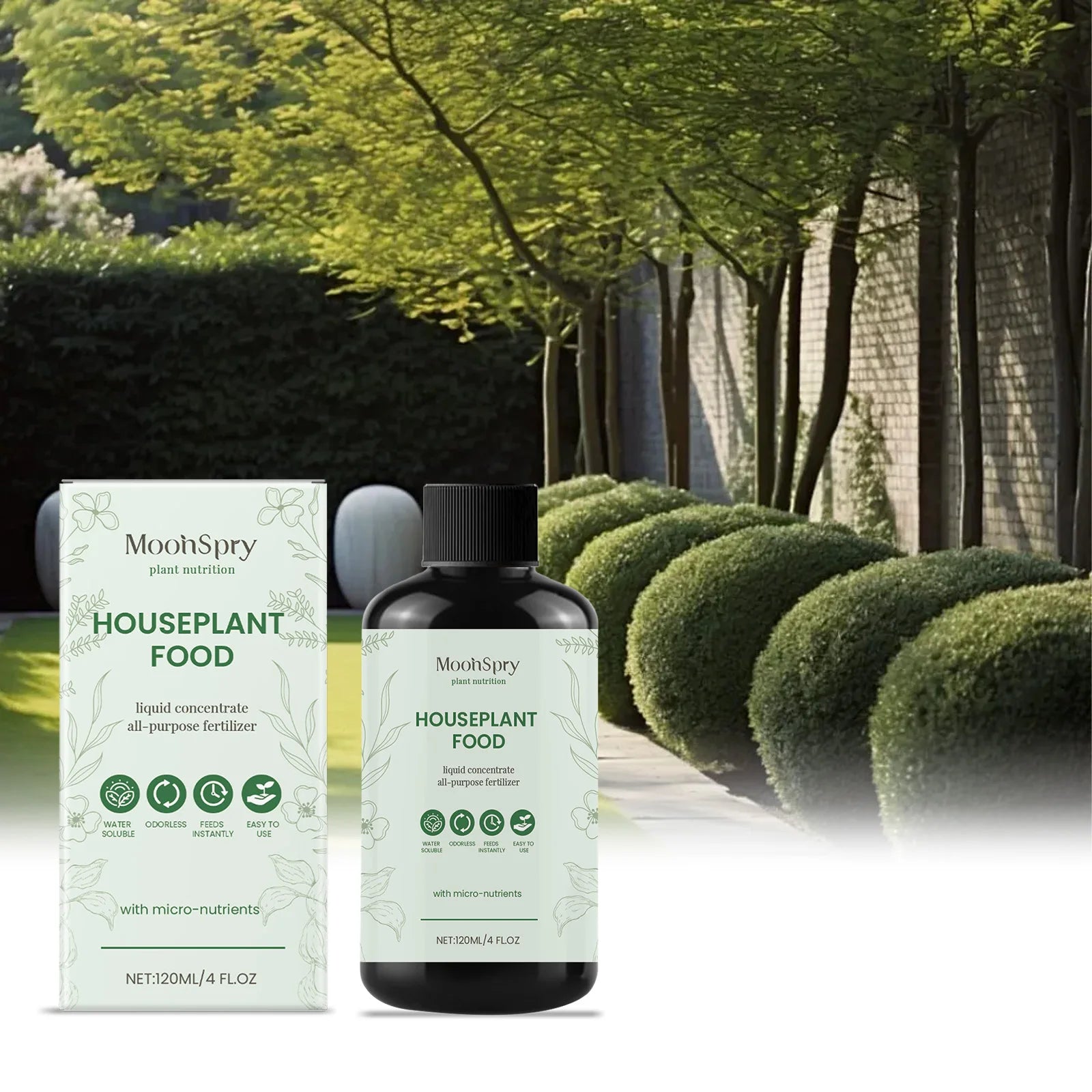 120ml bottle and box of liquid houseplant fertiliser. Water-soluble, odorless concentrate for all-purpose feeding.