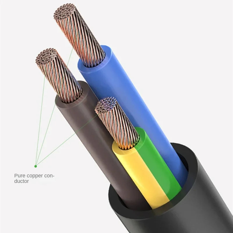 Cross-section of a 3-core electrical cable showing stranded pure copper conductors in blue, brown, and green-yellow.