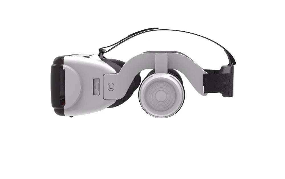 Side view of a white and black 3D VR headset for smartphones, featuring an adjustable headband and built-in earphones.