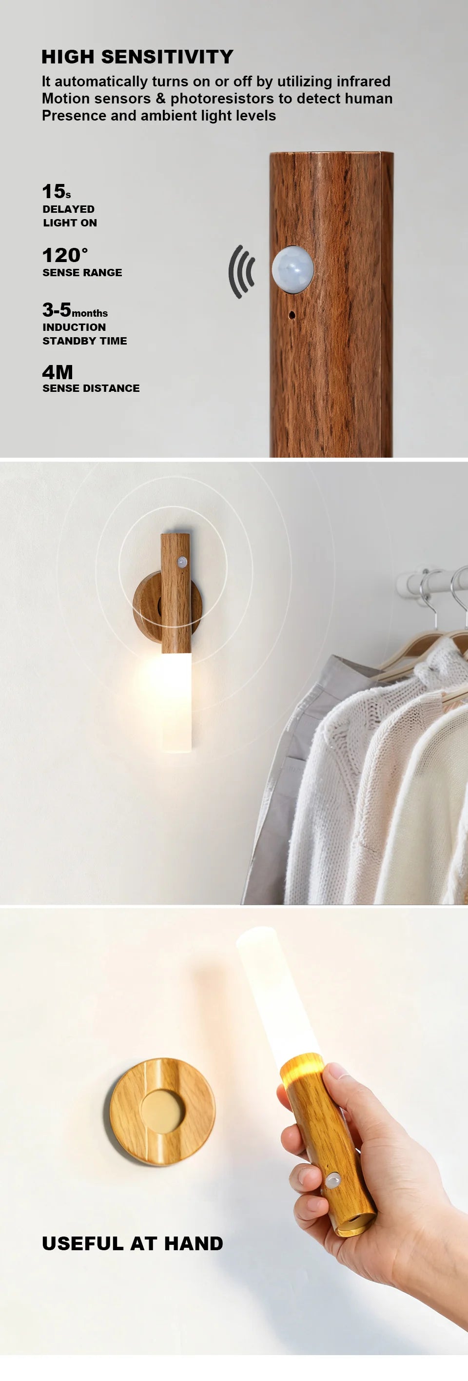 Wood-effect magnetic LED night light with motion sensor, shown mounted on a wall and held in hand.