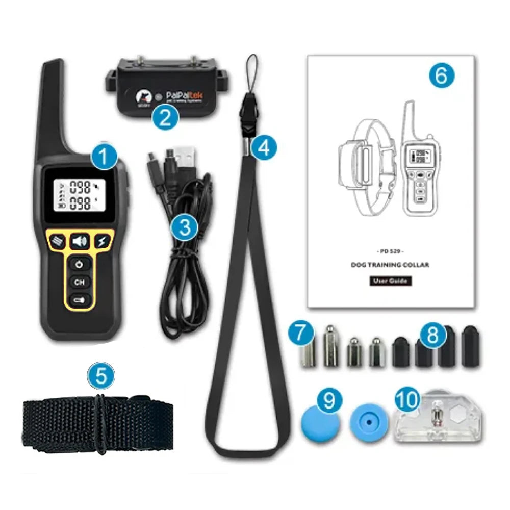 Rechargeable dog training collar kit in black, including remote, charging cable, lanyard, and various contact points.