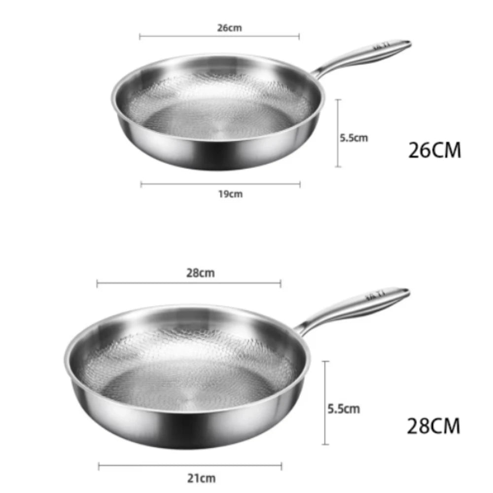 Two stainless steel frying pans with textured inner surfaces and size dimensions labeled.