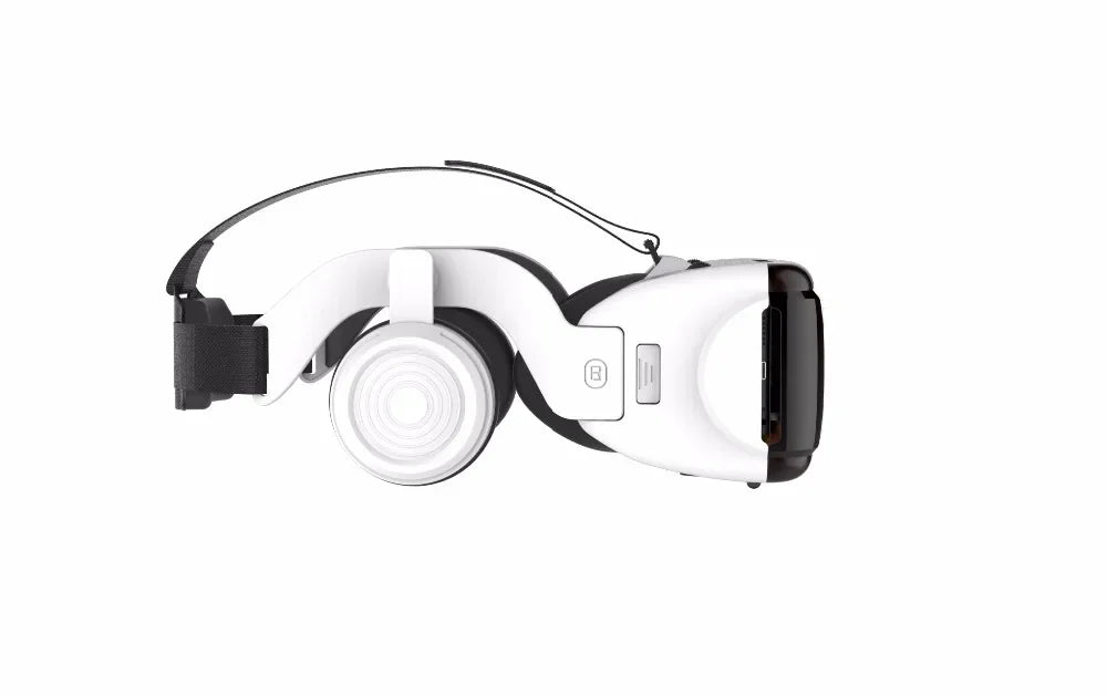 Side view of a white and black 3D virtual reality headset with an adjustable head strap and integrated headphones.