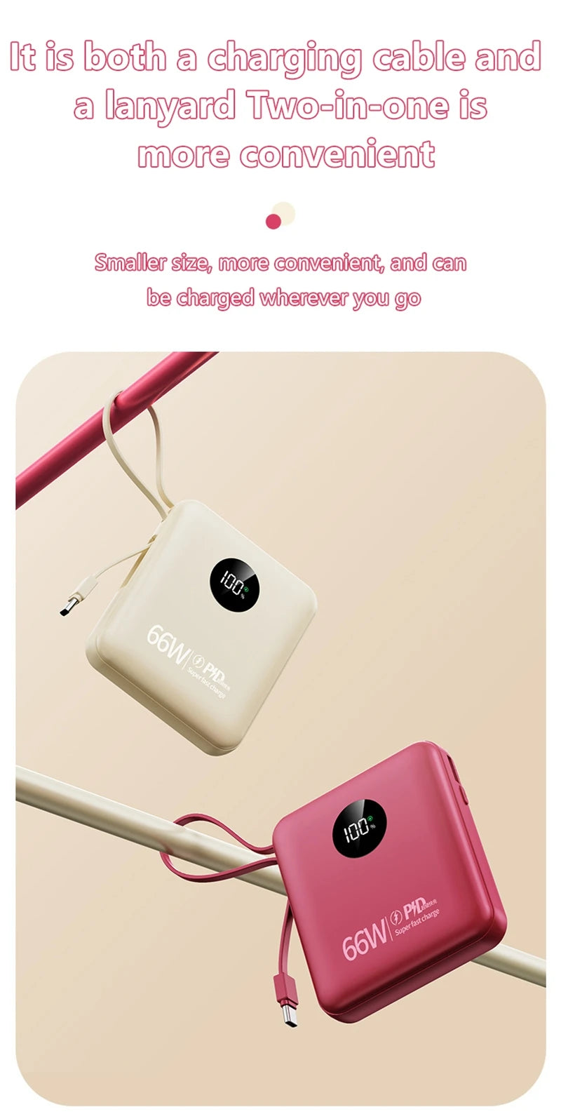 Cream and pink portable power banks with LED battery displays and integrated lanyard charging cables.