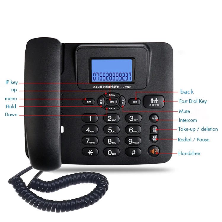 Black corded office telephone with LCD display, large numbered keypad, handsfree button, and multi-function navigation.