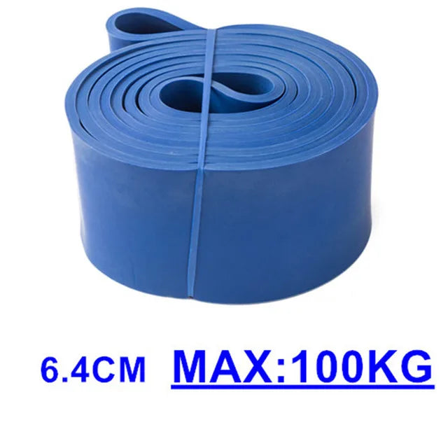 Blue heavy-duty rubber resistance exercise band, 6.4cm wide with a maximum load capacity of 100kg.