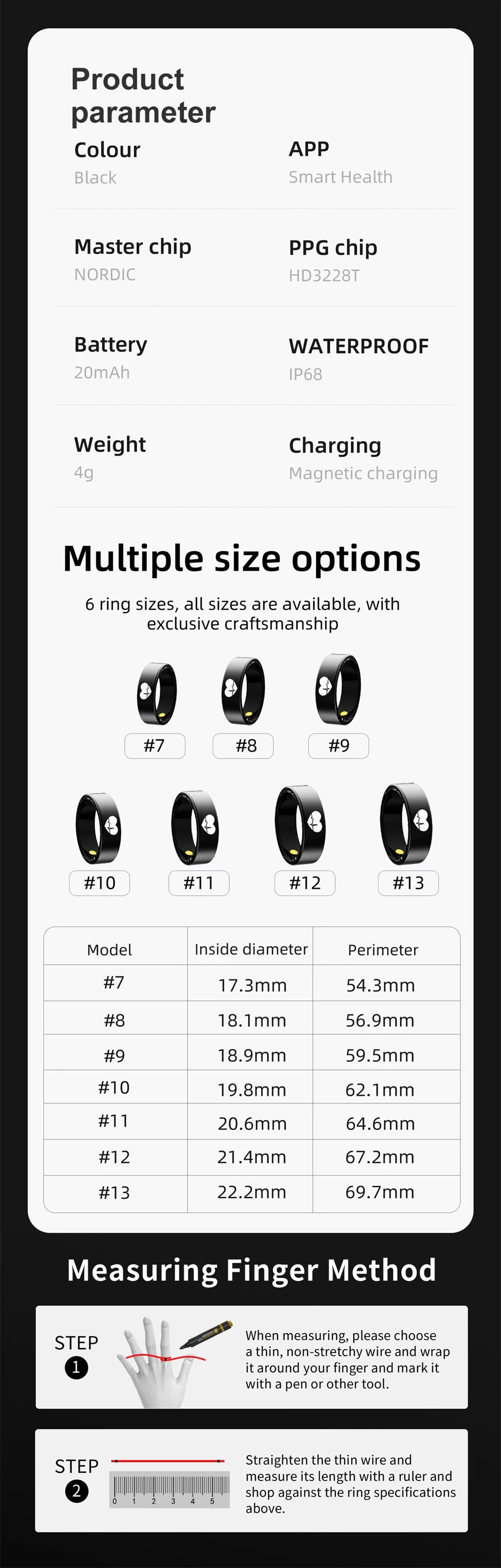 Black health-tracking smart ring with sizing guide, technical specs, and finger measurement instructions.