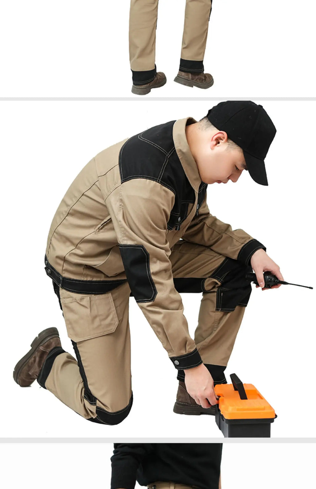 Beige and black men’s cargo work trousers with reinforced knees and multiple side pockets.