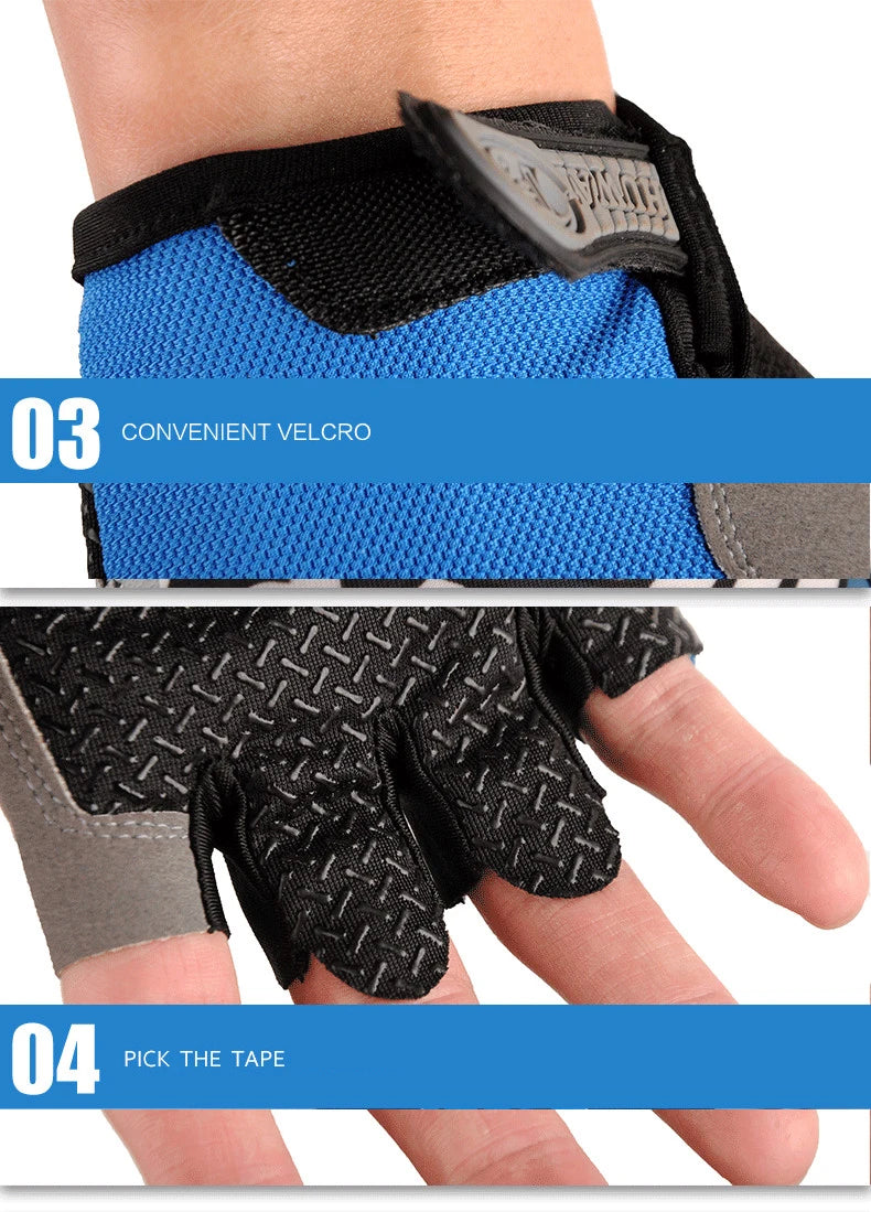 Blue and black fingerless cycling gloves with velcro wrist strap and textured, non-slip palm grip.