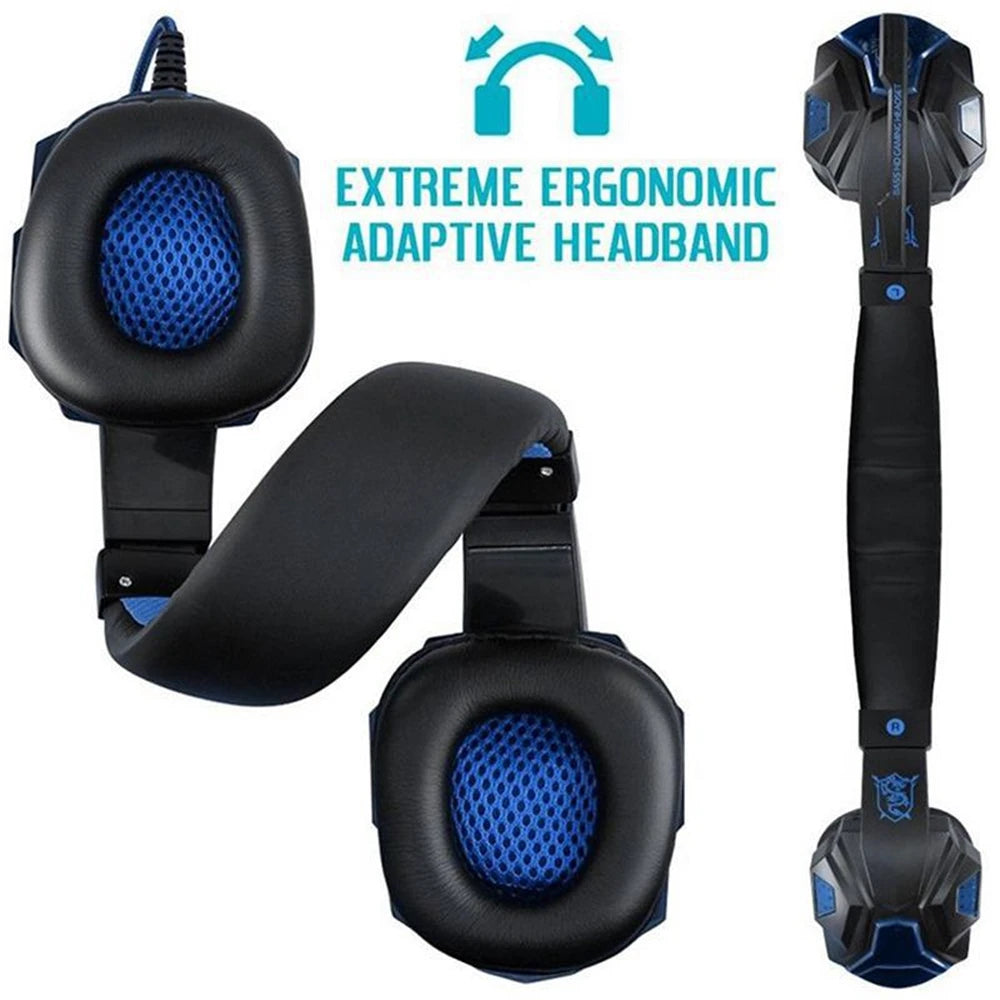 Black and blue wired gaming headset with ergonomic headband, soft ear cushions, and LED accents.