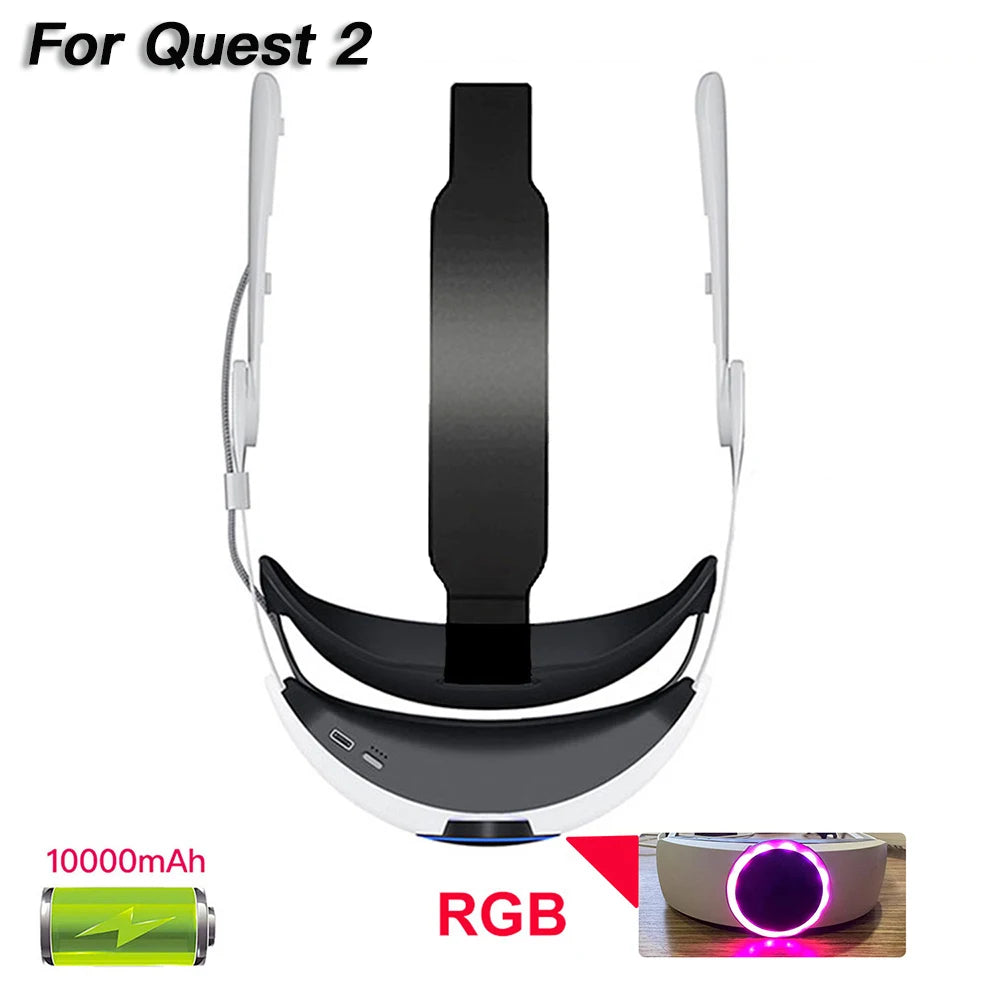Black and white VR replacement head strap with a 10000mAh battery, curved rear pad, and RGB light.