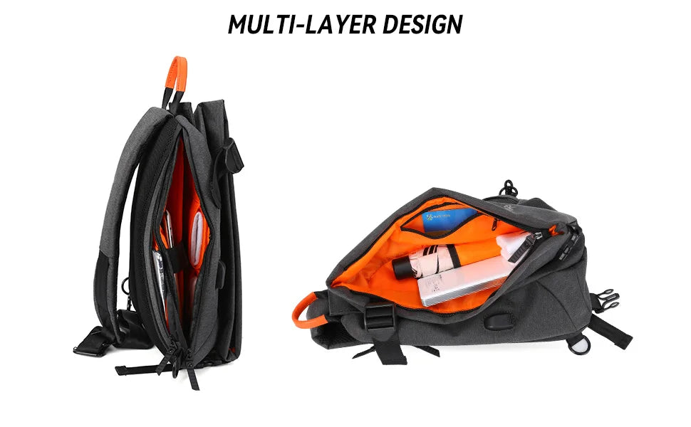Grey anti-theft crossbody sling bag with a bright orange interior and multi-layer storage compartments.