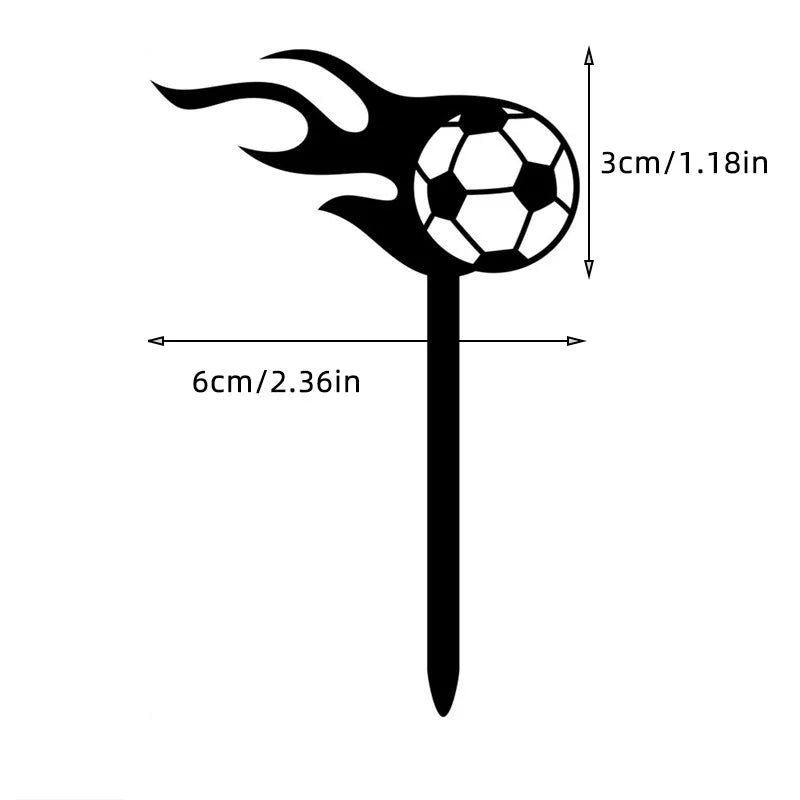 Black and white flaming football cake topper with dimensions shown (3cm x 6cm).