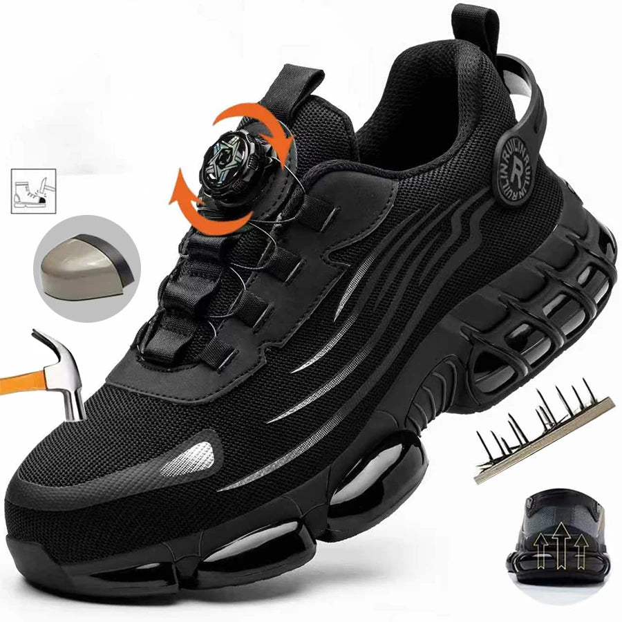 Black steel-toe work trainer with a dial-fastening system, puncture-resistant sole, and durable mesh upper.