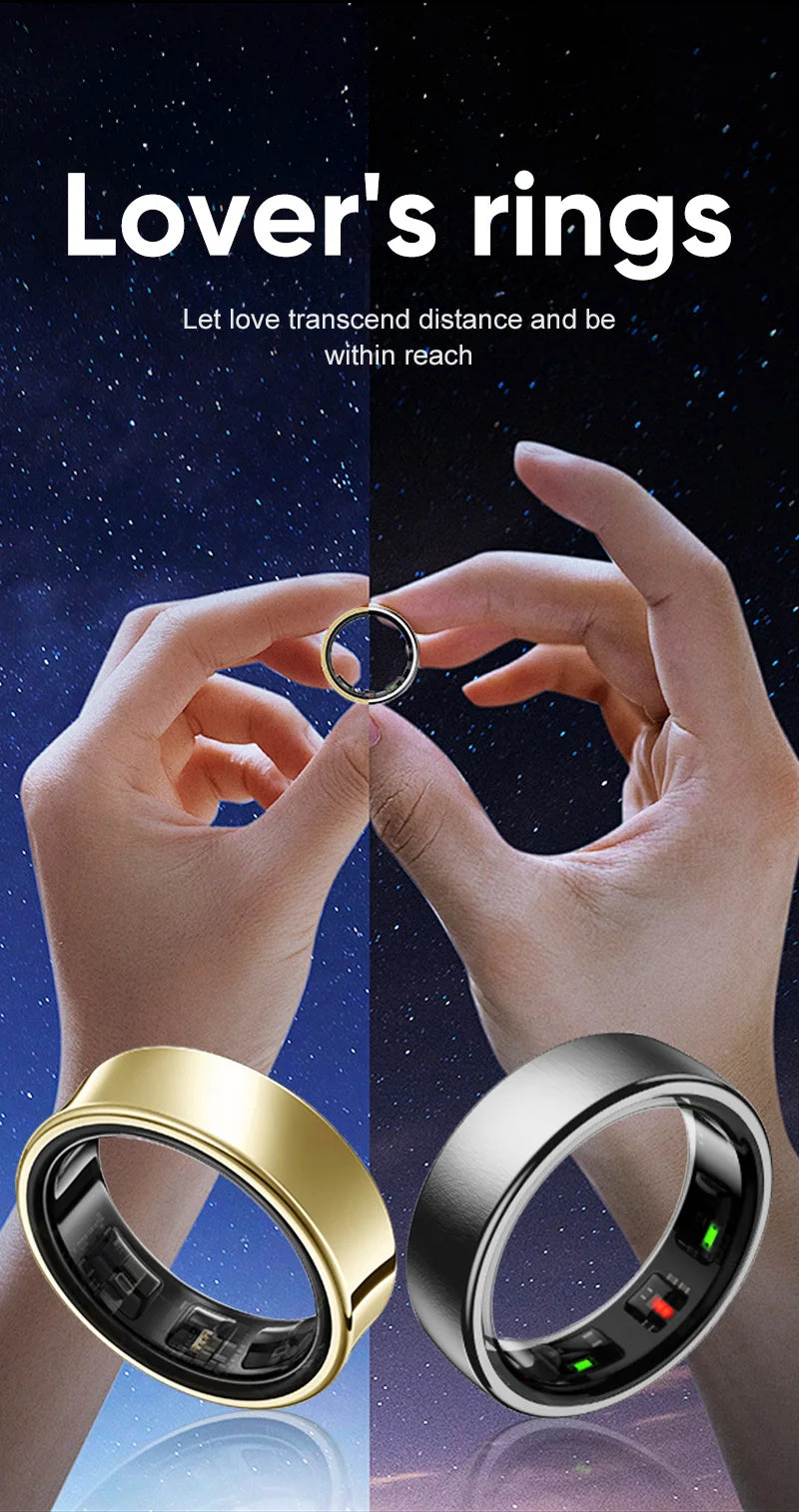 A gold and a silver smart health monitoring ring, shown on fingers against a starry night background.
