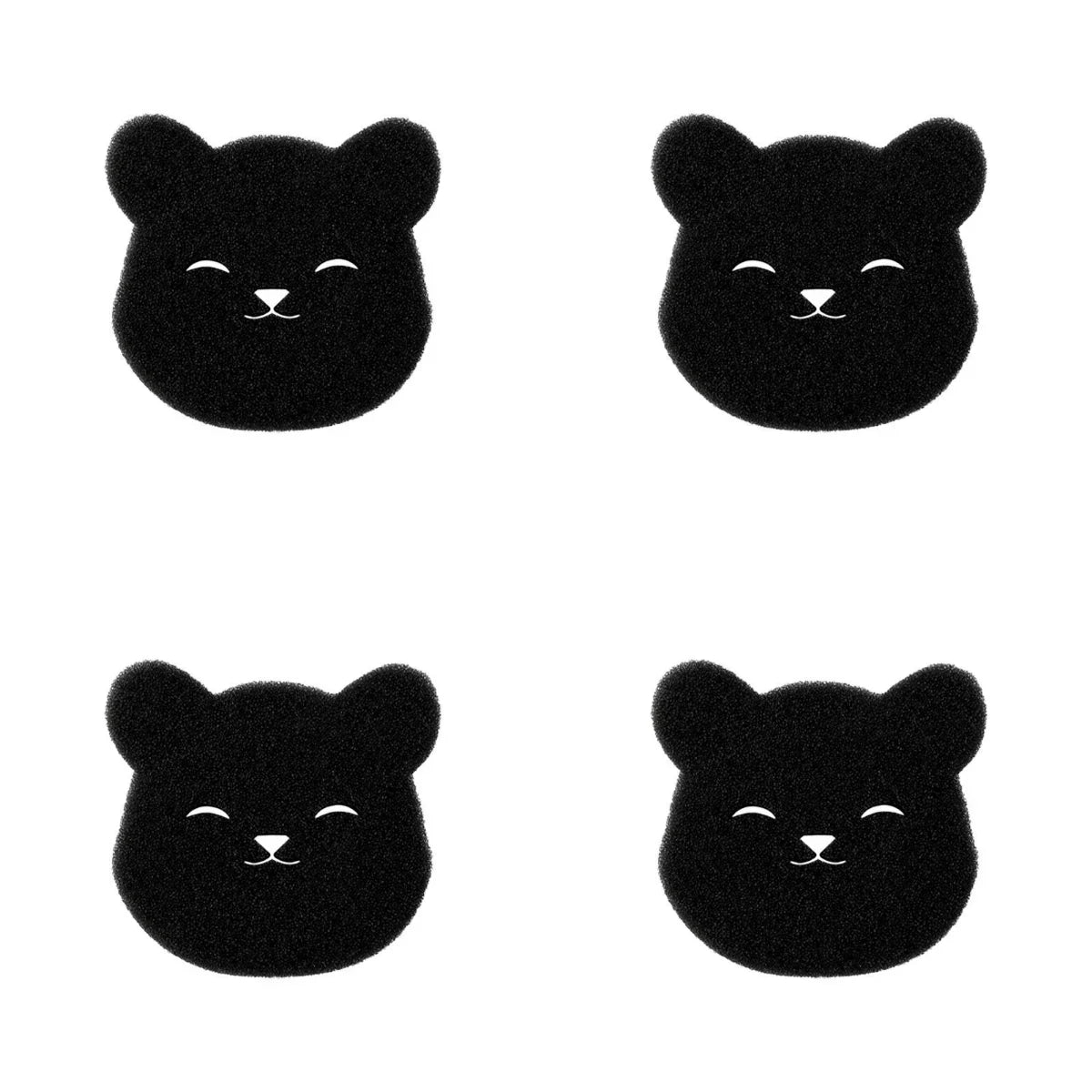 A repeat pattern of four black bear faces with cute, smiling expressions and white noses on a white background.