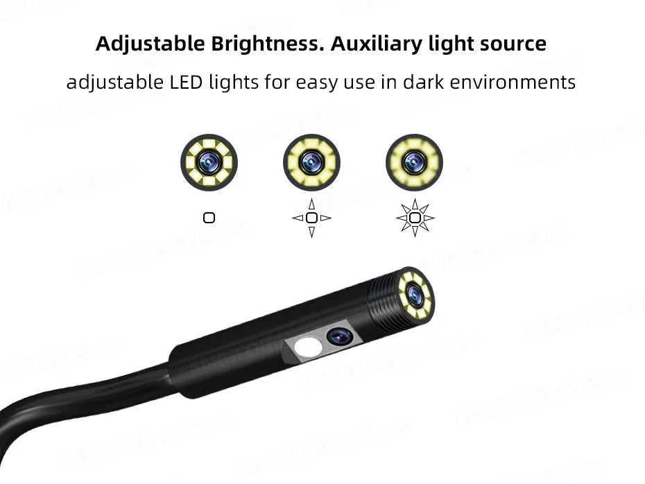 Black dual-lens inspection camera probe with ring-light LEDs shown at varying brightness levels for dark environments.