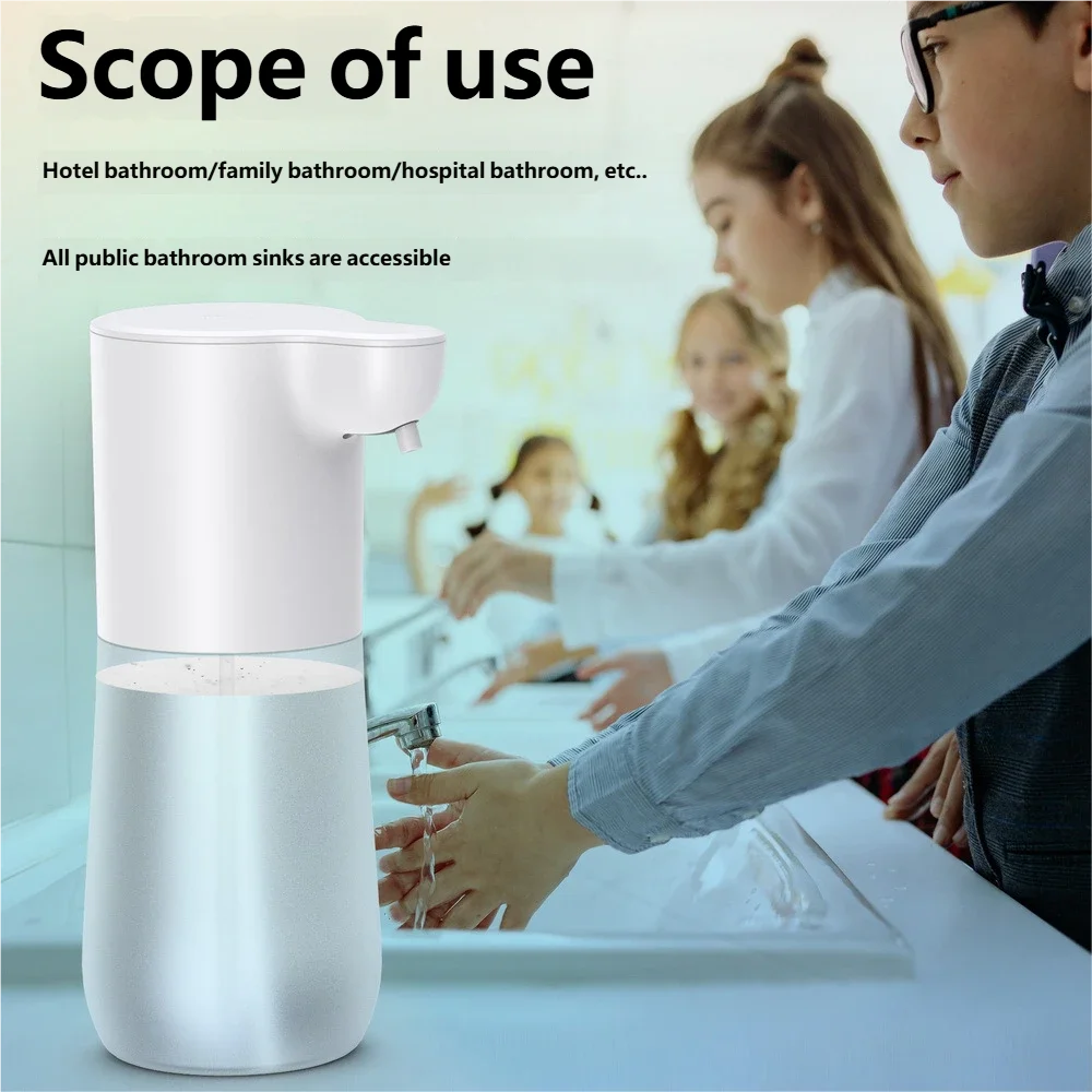 White automatic touchless 350ml foam soap dispenser with a translucent refillable reservoir.