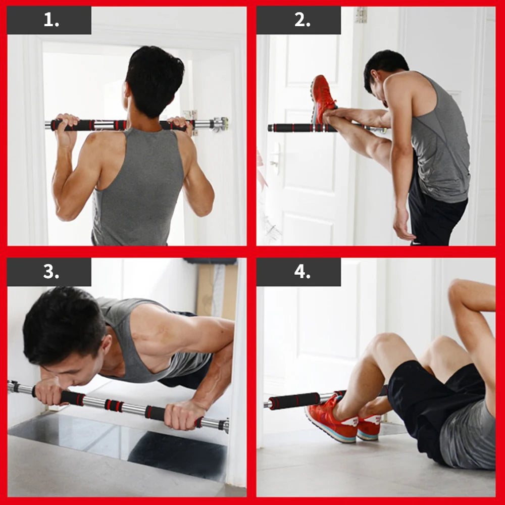 Silver and black door frame pull-up bar with foam grips used for 4 exercises by a man.