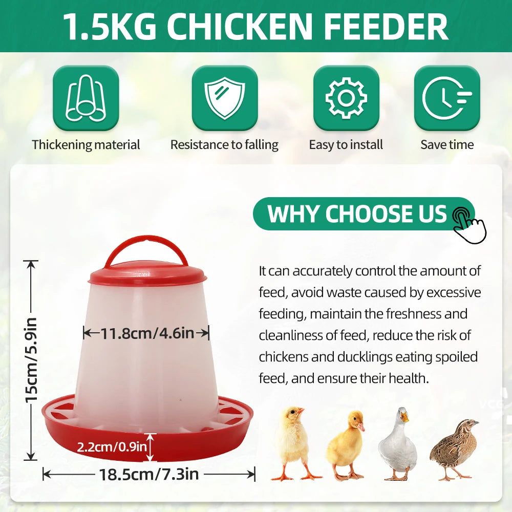 1.5kg chicken feeder with a red plastic base, lid, and white translucent conical feed container. Features dimensions.