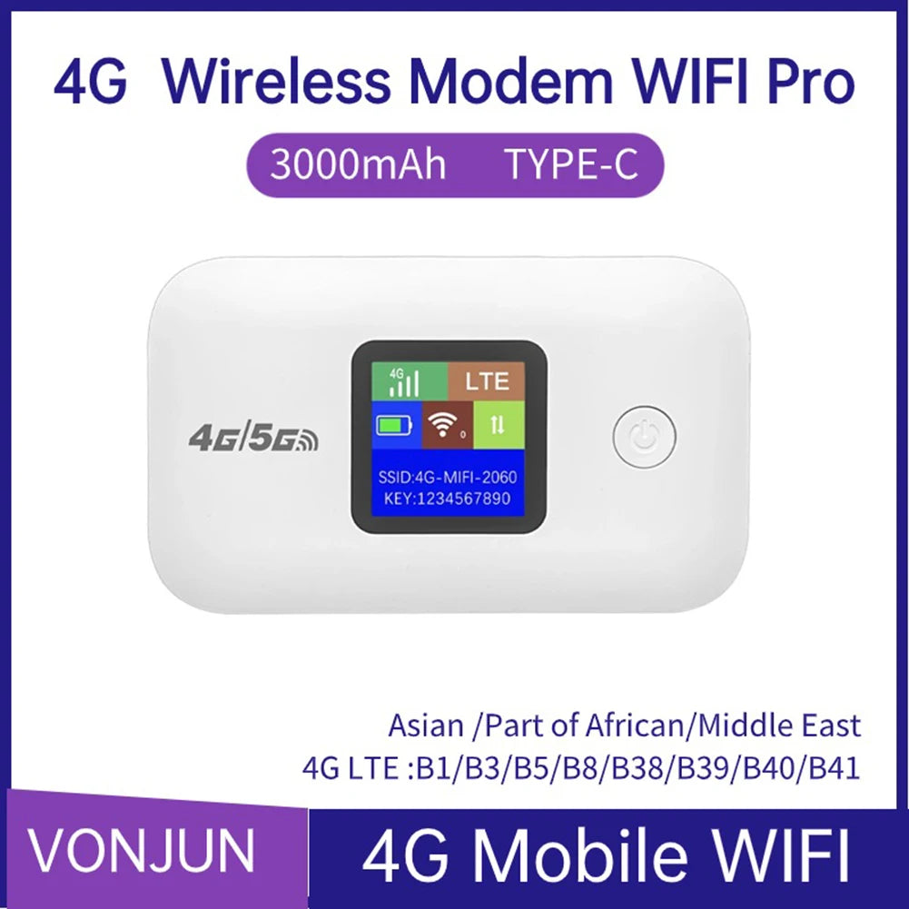 Compact white 4G LTE wireless WiFi hotspot with a digital display screen, 3000mAh battery, and Type-C charging port.