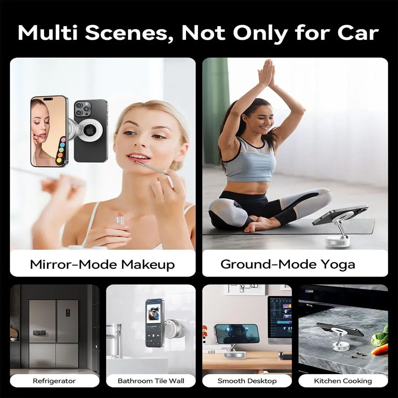 Collage showing a versatile silver, magnetic smartphone mount used on mirrors, floors, walls, desks, and counters.