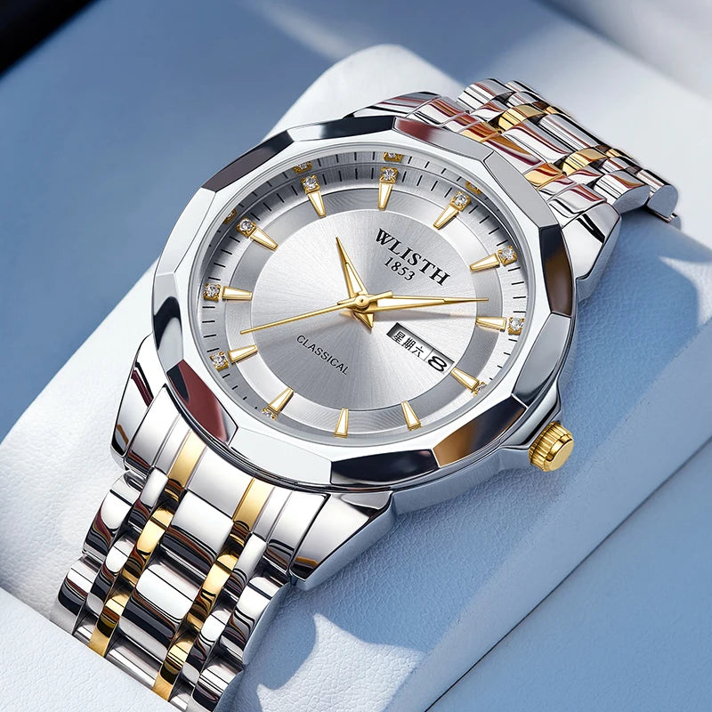 Classic men’s business watch with a two-tone silver and gold stainless steel bracelet and silver sunray dial.