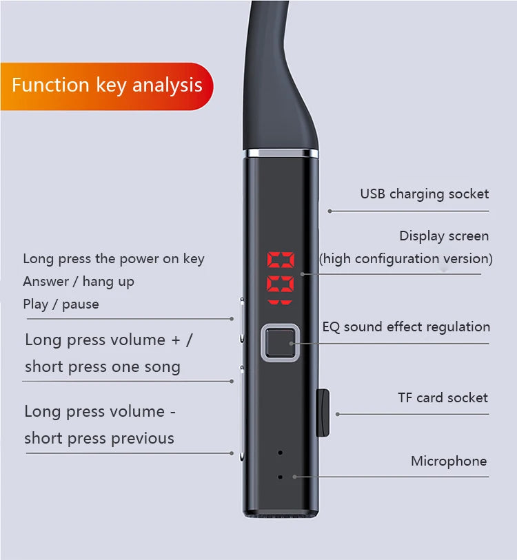 Black wireless neckband headphones featuring a digital display, EQ sound button, volume controls, and charging port.