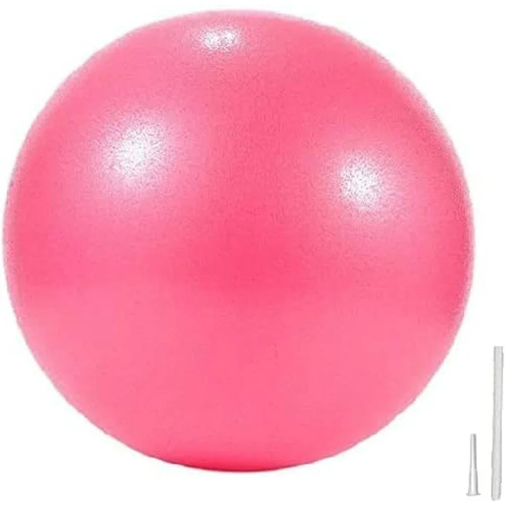 Bright pink yoga or exercise ball with a small inflation straw and nozzle included.