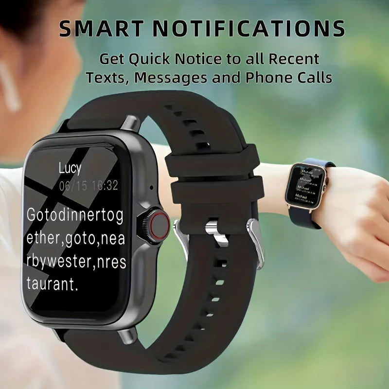 A sleek black smartwatch with a silicone strap, displaying text message notifications on its digital screen.