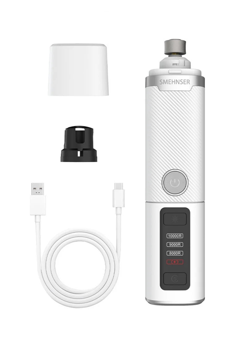 White electric pet nail grinder with LED light, adjustable speed settings, replaceable heads, and USB charging cable.