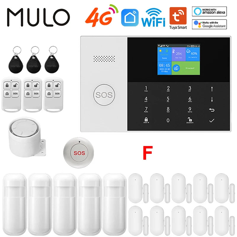 White 4G WiFi smart alarm kit with touchscreen control panel, remotes, motion sensors, and door contacts.