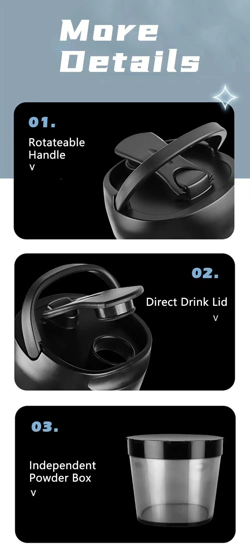 Black shaker bottle details: rotating handle, direct drink lid, and a detachable translucent powder storage cup.