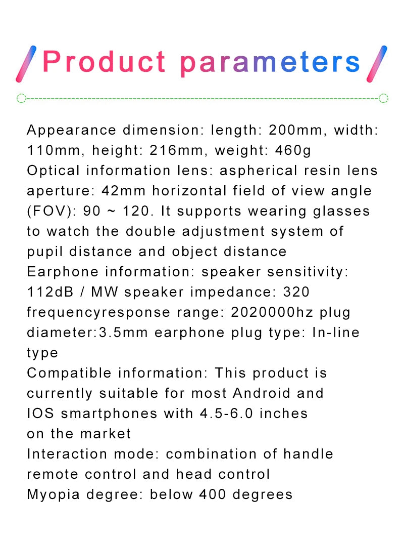Text overlay displaying technical specifications for a VR headset with adjustable lenses, built-in audio, and phone support.
