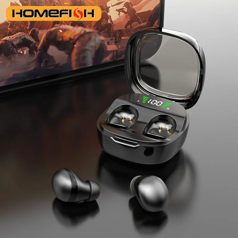 Black wireless earbuds with a charging case featuring a digital LED battery display on a dark background.