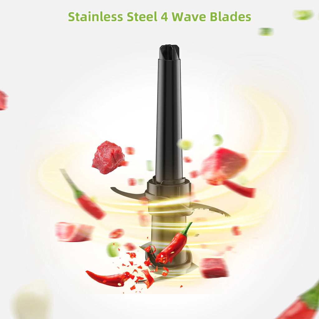 Stainless steel, 4-wave food processor blades with a black central shaft, surrounded by flying chili and meat pieces.